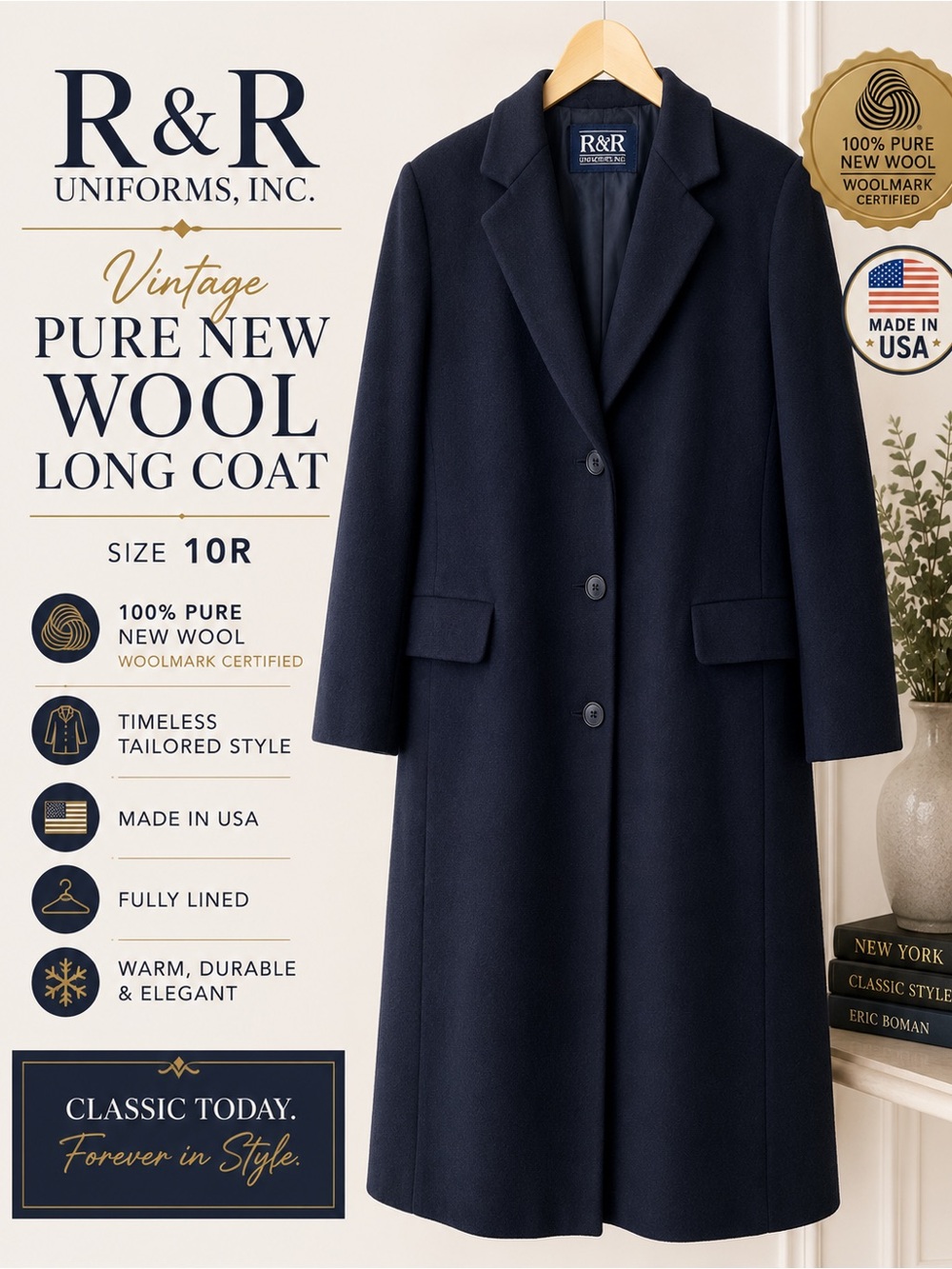 R&R Vintage Pure New Wool Long Pea Coat - Navy